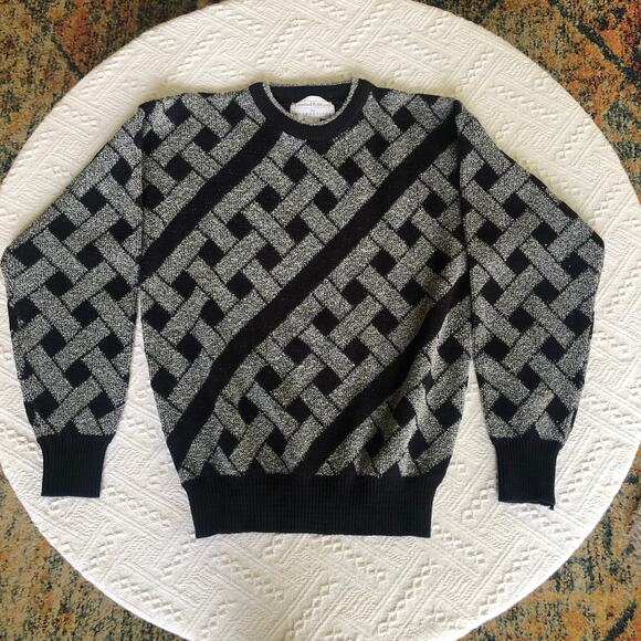 VTG 1980s Grandpa Knit Sweater Expressions Large Gray Geometric Lattice Abstract